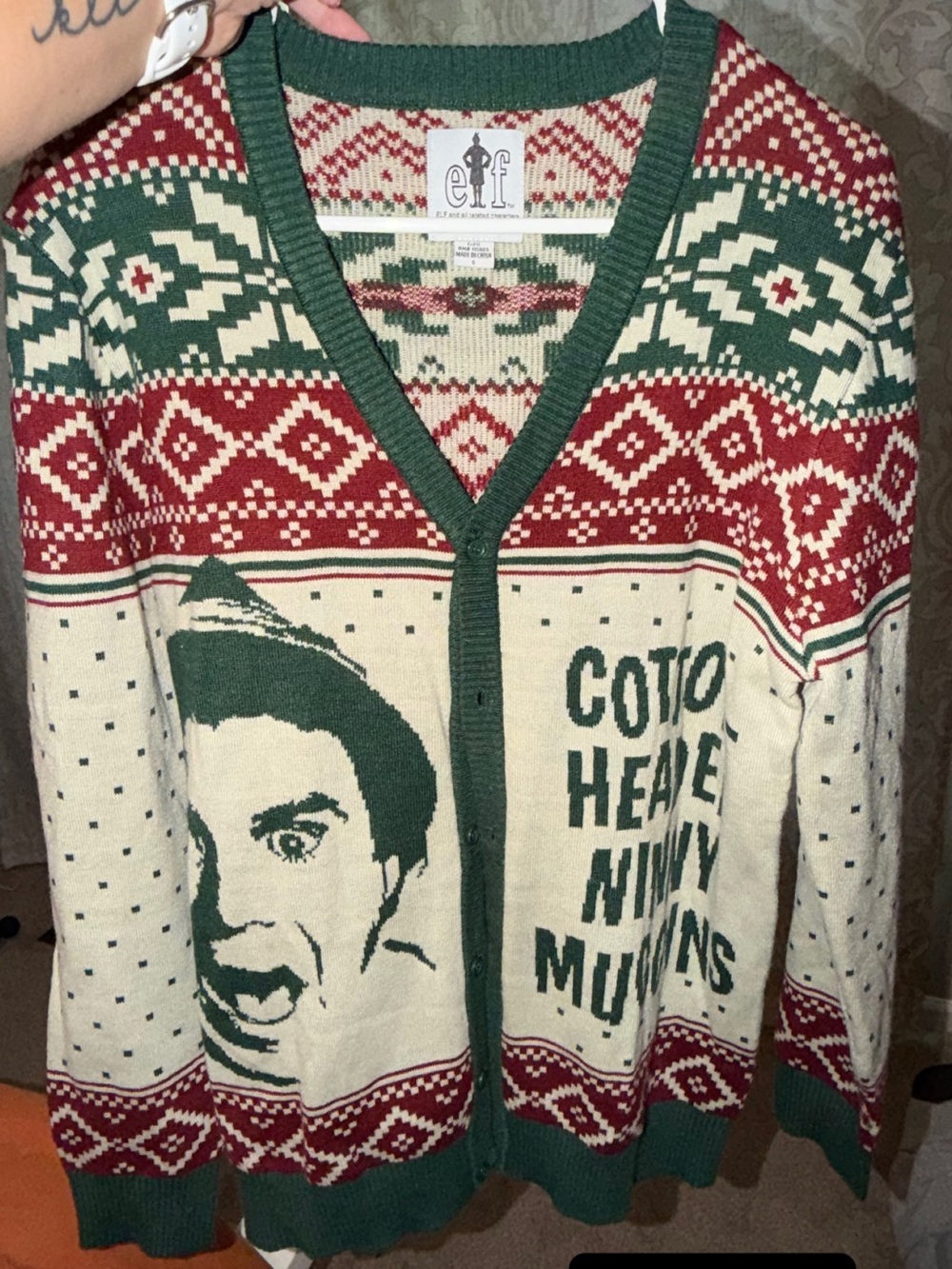 ELF Green Red Cream Holiday Cardigan Sweater with Graphic